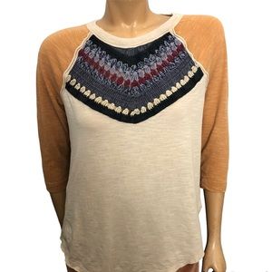 We The Free Spring Bound Crochet Chevron Baseball Tunic Linen Cotton Blend XS.